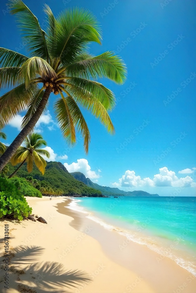 Fototapeta premium Tranquil Hawaiian Beach Paradise Golden Sand, Turquoise Water, Swaying Palms