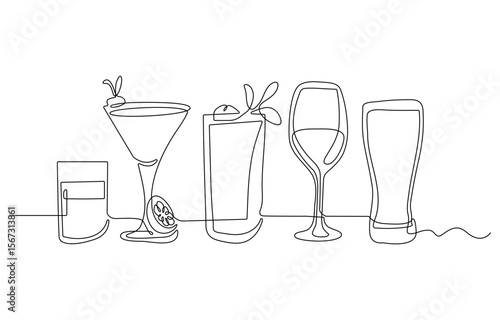 Continuous one line of best selling drinks cocktails in silhouette. Linear stylized. Minimalist.