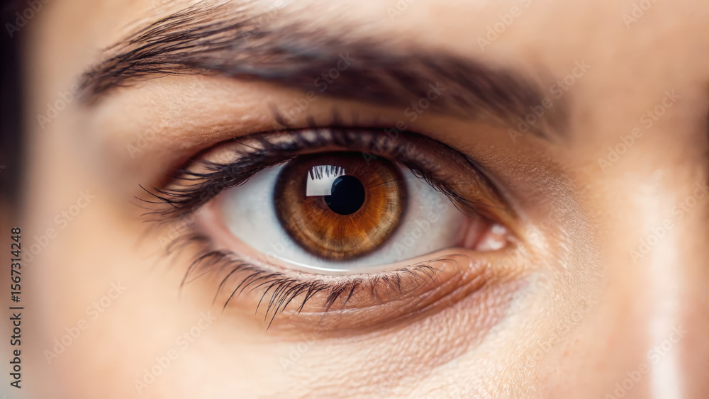 Close up of human eye reveals intricate details of iris and eyelashes, showcasing beautiful blend of colors and textures. silent gaze reflects