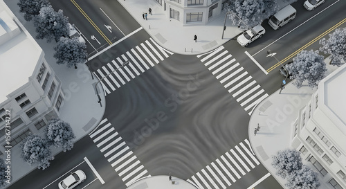 Urban Intersection Aerial View Showcasing Pedestrian Crossings And Vehicular Traffic