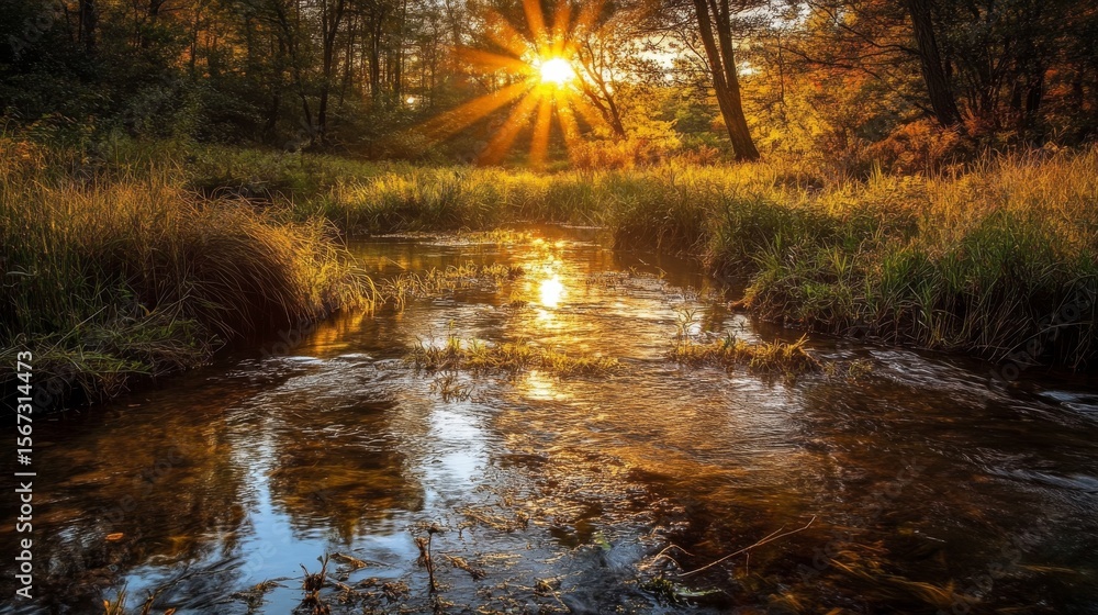 Obraz premium A sun-drenched stream winds through a forest, casting a golden glow on the water and foliage.