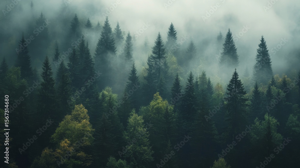 Fototapeta premium A thick fog rolls over a dark green forest, obscuring the tops of the trees.