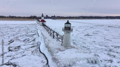 Lighthouse frozen Lake Michigan drone view
