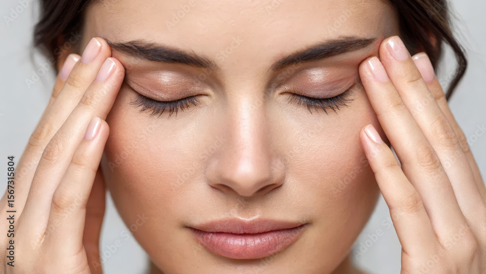 Fototapeta premium Woman with closed eyes gently holds her temples, expressing silent struggle with migraine. Her calm demeanor contrasts with discomfort she feels
