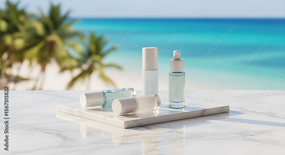 Fototapeta premium Blank cosmetic bottles displayed on a marble surface with a beach background.