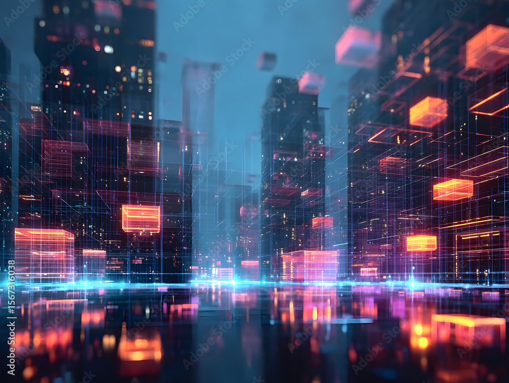 Fototapeta premium Futuristic digital cityscape with glowing data blocks and neon lights, representing advanced technology and connectivity.