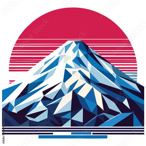 Diese lebendige Illustration zeigt eine geometrische Fuji-Bergkette vor dem Hintergrund einer aufgehenden Sonne im Retro-Stil – perfekt für Reiseposter und Abenteuer-Designs