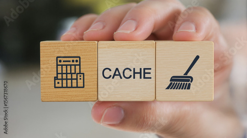 CACHE. Cleaning mobile phone from trash files. Deleting documents with cleansing software. Cache and spam concept for website design or landing web