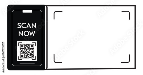 Scan here QR code blank frame. printable scan here sticker template for shop payment, website, app, ui. vector illustration on transparent background.