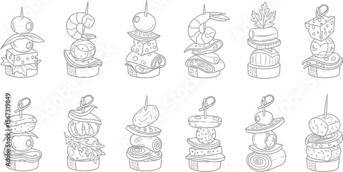 Collection of twelve different hand drawn canap s and appetizers on white background