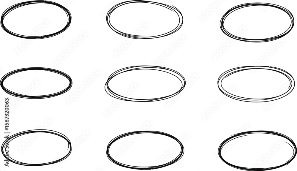 Nine hand drawn oval shapes in a grid on white background Nine hand drawn oval shapes in a grid on white background