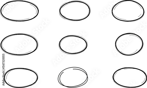 Nine hand drawn oval shapes arranged in a tic tac toe grid pattern