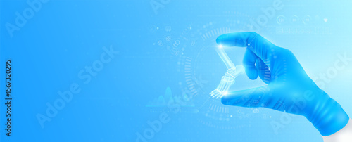 Doctor's hand in blue gloves holding virtual hologram ankle joint bone close up. Checks the result on interface analyzes data. Innovative technologies future medical health care. Banner vector.