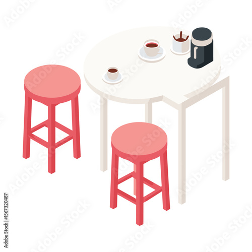 Isometric Small Cafe Table with Two Stools
