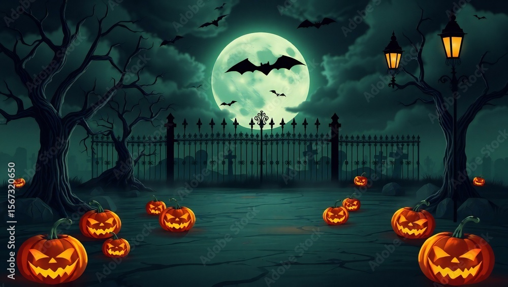 Fototapeta premium Spooky halloween scene with jack o lanterns bats and a full moon