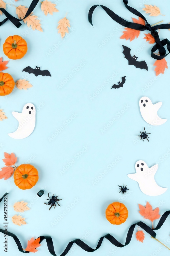 Fototapeta premium Festive halloween decorations with pumpkins ghosts bats and autumn leaves