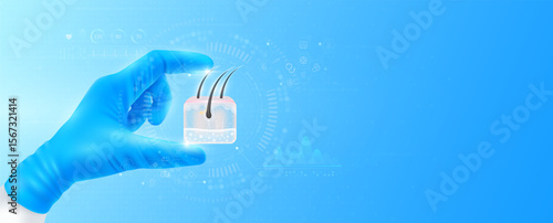 Doctor's hand in blue gloves holding virtual hologram hair skin close up. Checks the result on interface analyzes data. Innovative technologies future medical health care. Banner vector.