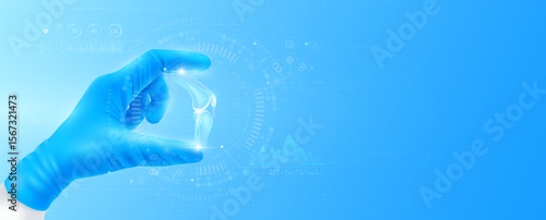 Doctor's hand in blue gloves holding virtual hologram knee joint bone close up. Checks the result on interface analyzes data. Innovative technologies future medical health care. Banner vector.