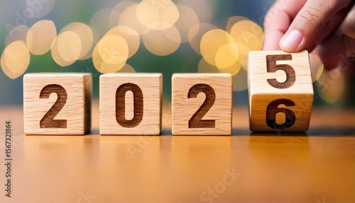 Hand flipping wooden cube from 2025 to 2026 signifying the transition to the new year with bokeh lights in the background