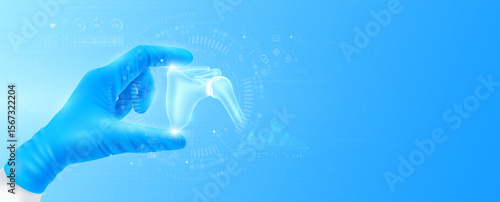 Doctor's hand in blue gloves holding virtual hologram shoulder joint bone close up. Checks the result on interface analyzes data. Innovative technologies future medical health care. Banner vector.