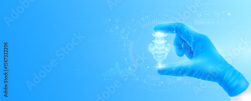 Doctor's hand in blue gloves holding virtual hologram sacrum joint bone close up. Checks the result on interface analyzes data. Innovative technologies future medical health care. Banner vector.