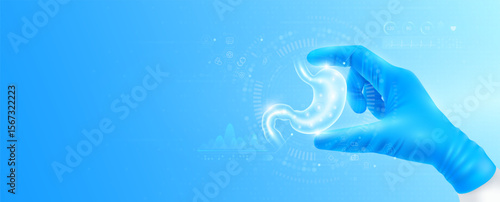 Doctor's hand in blue gloves holding virtual hologram stomach close up. Checks the result on interface analyzes data. Innovative technologies future medical health care. Banner vector.
