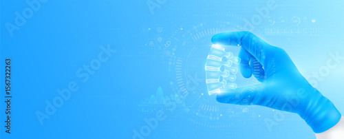 Doctor's hand in blue gloves holding virtual hologram vertebrae joint bone close up. Checks the result on interface analyzes data. Innovative technologies future medical health care. Banner vector.