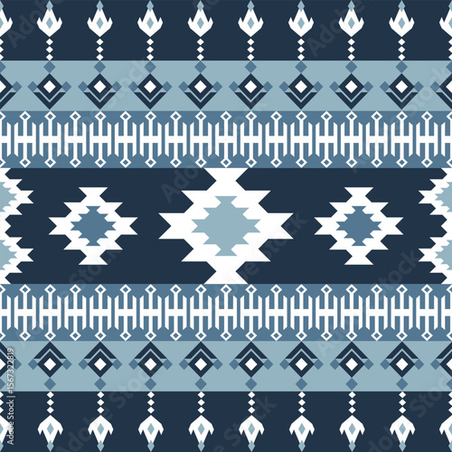 Abstract Tribal Geometric Border Pattern in Indigo & White - Seamless Digital Vector Background