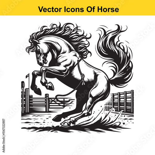 Bucking Horse in Rodeo Arena – Black and White Western Vector for Tracing and Coloring