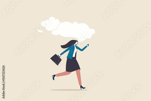 Brain fog causing mental problem or struggle, work anxiety or stress make confusion or depression concept, confused office businesswoman walking with brain fog, smoke or cloud covered her head.