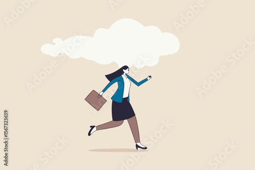 Brain fog causing mental problem or struggle, work anxiety or stress make confusion or depression concept, confused office businesswoman walking with brain fog, smoke or cloud covered her head.