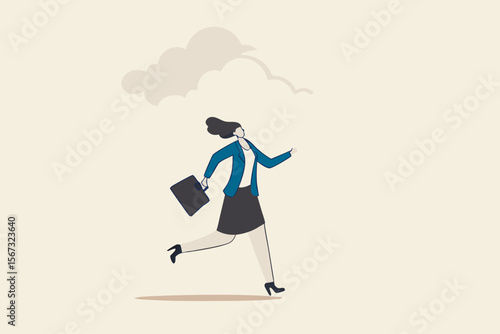 Brain fog causing mental problem or struggle, work anxiety or stress make confusion or depression concept, confused office businesswoman walking with brain fog, smoke or cloud covered her head.
