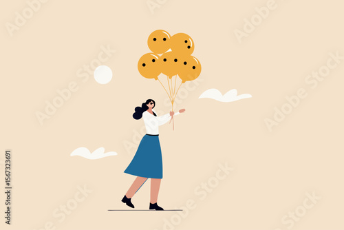 Emotional control and self regulation, stressed management or mental health awareness, feeling and expression concept, calm woman holding balloons with emotion or expression faces, happy, sad or fear.