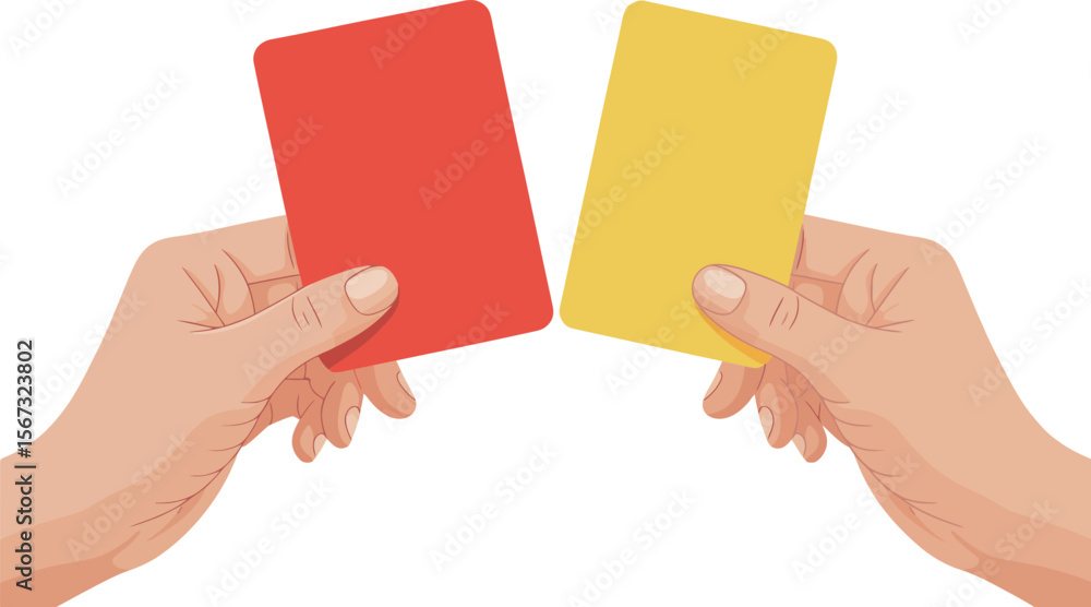 Obraz premium Red and yellow cards in hands referee soccer football penalty foul warning concept