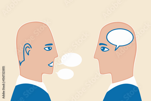 Introvert and extrovert, human stereotype or personality, contrast between people who think inside and not talking much and talkative socialize person.