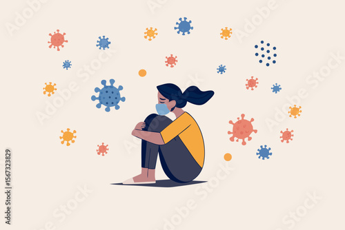 Solitude and depression from social distancing, isolated stay home alone in COVID-19 coronavirus crisis, anxiety from virus infection, Sad unhappy depressed girl sit alone with virus pathogens