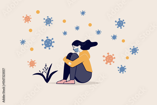 Solitude and depression from social distancing, isolated stay home alone in COVID-19 coronavirus crisis, anxiety from virus infection, Sad unhappy depressed girl sit alone with virus pathogens