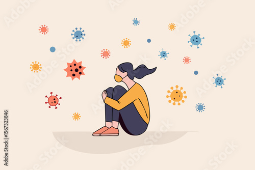 Solitude and depression from social distancing, isolated stay home alone in COVID-19 coronavirus crisis, anxiety from virus infection, Sad unhappy depressed girl sit alone with virus pathogens
