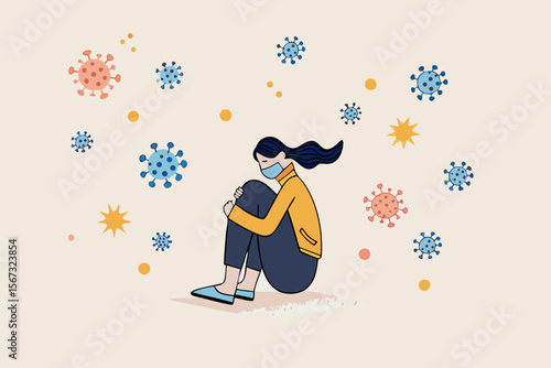 Solitude and depression from social distancing, isolated stay home alone in COVID-19 coronavirus crisis, anxiety from virus infection, Sad unhappy depressed girl sit alone with virus pathogens