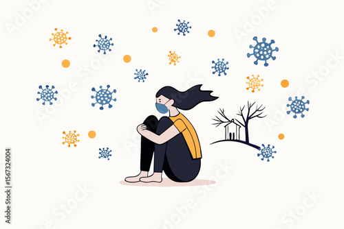 Solitude and depression from social distancing, isolated stay home alone in COVID-19 coronavirus crisis, anxiety from virus infection, Sad unhappy depressed girl sit alone with virus pathogens