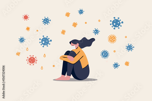 Solitude and depression from social distancing, isolated stay home alone in COVID-19 coronavirus crisis, anxiety from virus infection, Sad unhappy depressed girl sit alone with virus pathogens