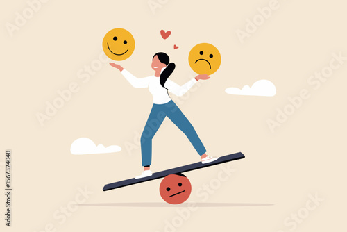 Emotional intelligence, balance emotion control feeling between work stressed or sadness and happy lifestyle concept, mindful calm woman using her hand to balance smile and sad face.