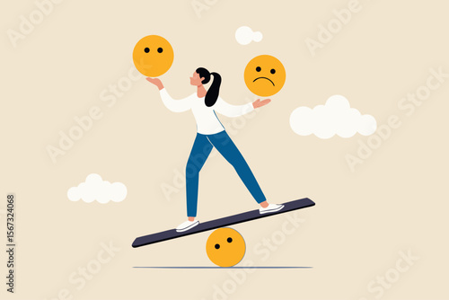 Emotional intelligence, balance emotion control feeling between work stressed or sadness and happy lifestyle concept, mindful calm woman using her hand to balance smile and sad face.
