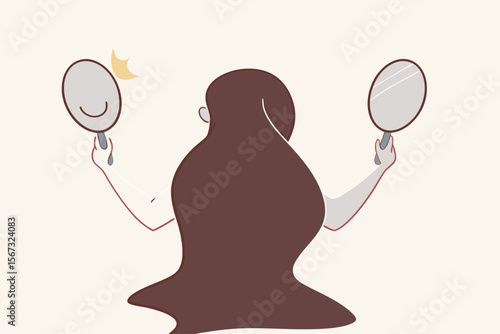 Bipolar disorder is mental illness, mixed emotion between happiness and sadness express conflict personality, patient need regular psychology therapy, woman hold mirrors with happy and sad reflection.