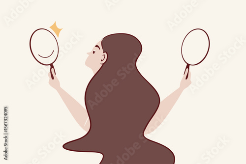 Bipolar disorder is mental illness, mixed emotion between happiness and sadness express conflict personality, patient need regular psychology therapy, woman hold mirrors with happy and sad reflection.