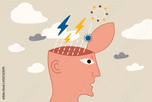 Depression, anger, stressed and anxiety emotion concept, man with head open reveal his brain with thunder storm raining metaphor of depressed or mental illness.