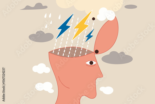Depression, anger, stressed and anxiety emotion concept, man with head open reveal his brain with thunder storm raining metaphor of depressed or mental illness.