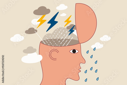 Depression, anger, stressed and anxiety emotion concept, man with head open reveal his brain with thunder storm raining metaphor of depressed or mental illness.