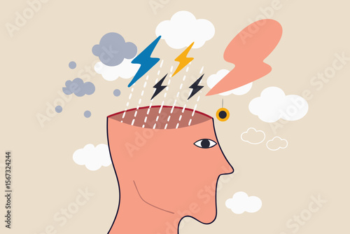 Depression, anger, stressed and anxiety emotion concept, man with head open reveal his brain with thunder storm raining metaphor of depressed or mental illness.