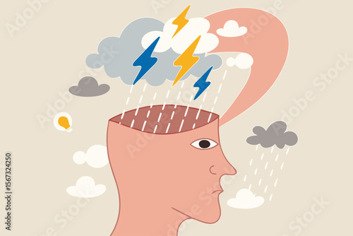 Depression, anger, stressed and anxiety emotion concept, man with head open reveal his brain with thunder storm raining metaphor of depressed or mental illness.